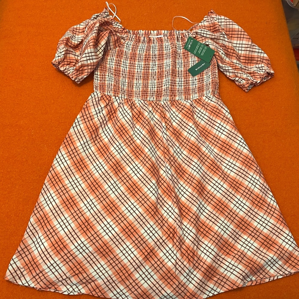 Check pink coral and white smocked puff sleeve square neck peasant dress NWT - Picture 3 of 12